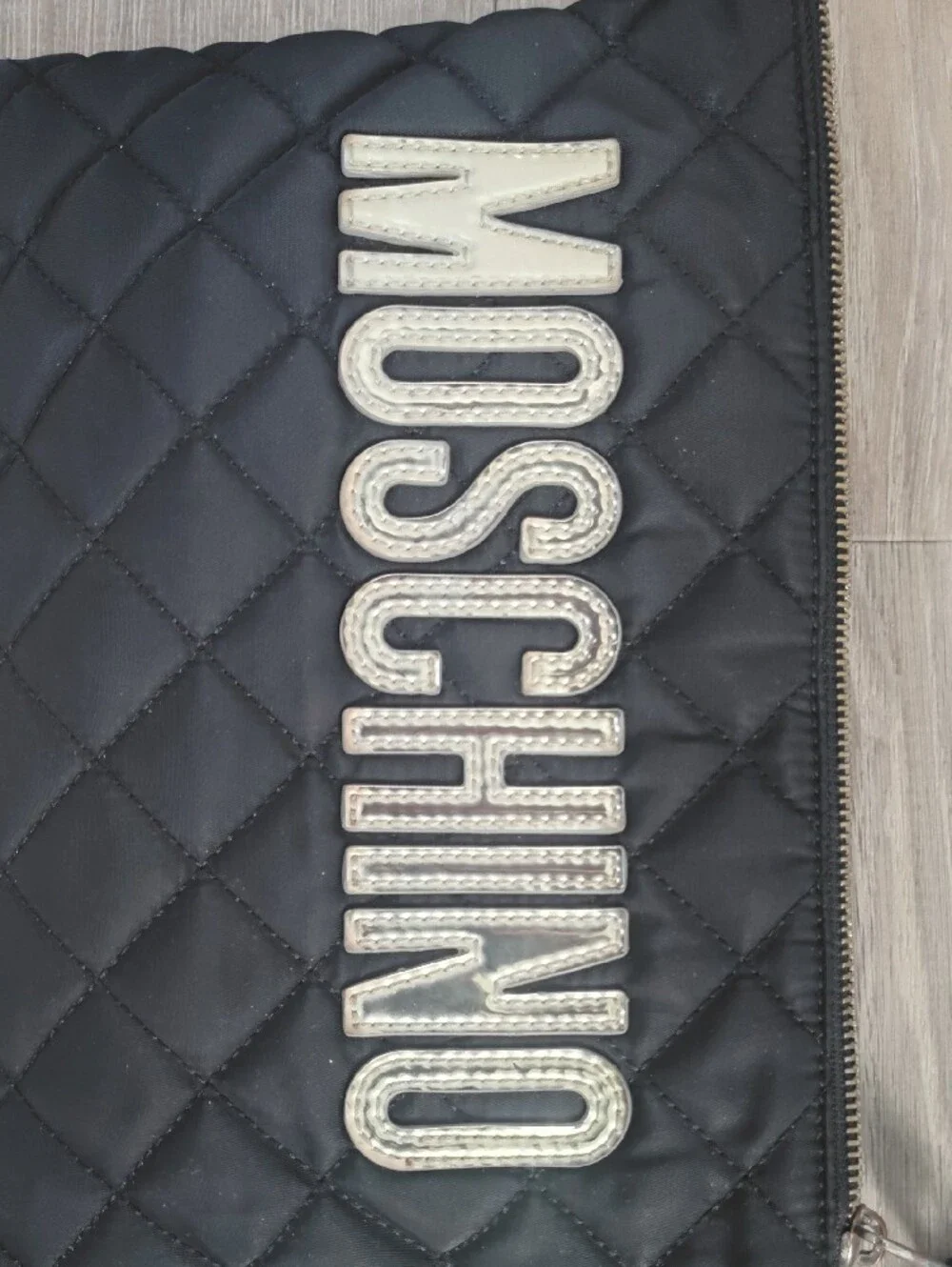 Moschino Black Quilted Logo Wristlet with Silver Accents